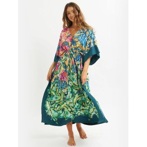 Half Sleeve V-Neck Loose Floral Split-Side Cover-Up Swimwear