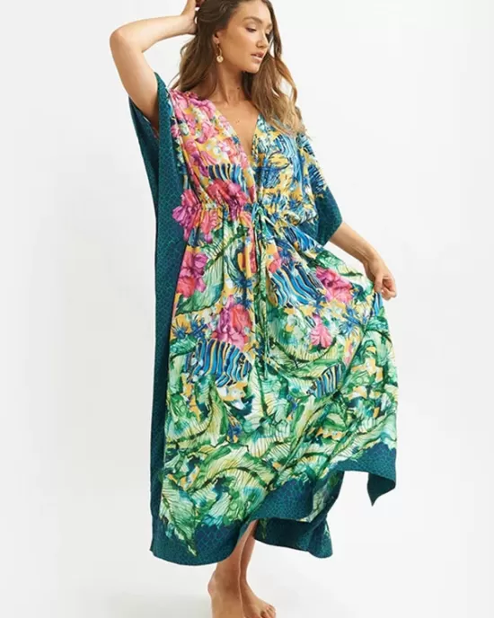 Half Sleeve V-Neck Loose Floral Split-Side Cover-Up Swimwear