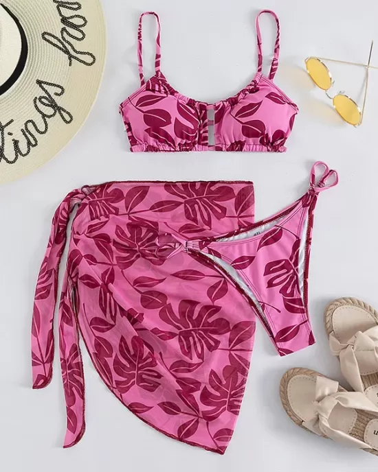 Floral Print Hollow Backless Bikini Swimwear+Cover-Up Three-Piece Set