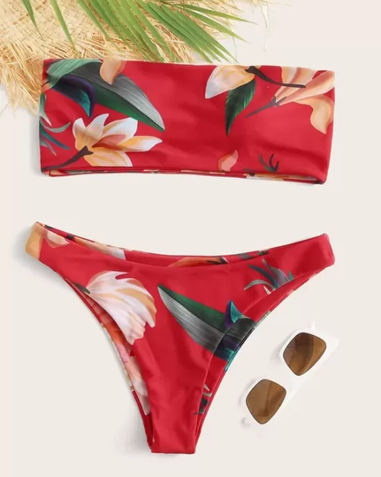 Floral-Print Bandeau Split Bikini Swimsuit