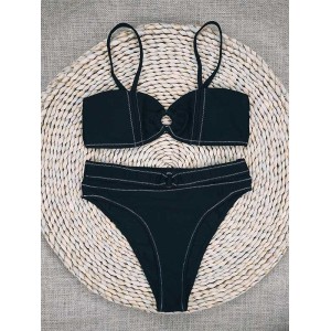 Embellished Solid Color Bandeau Split Bikini Swimsuit