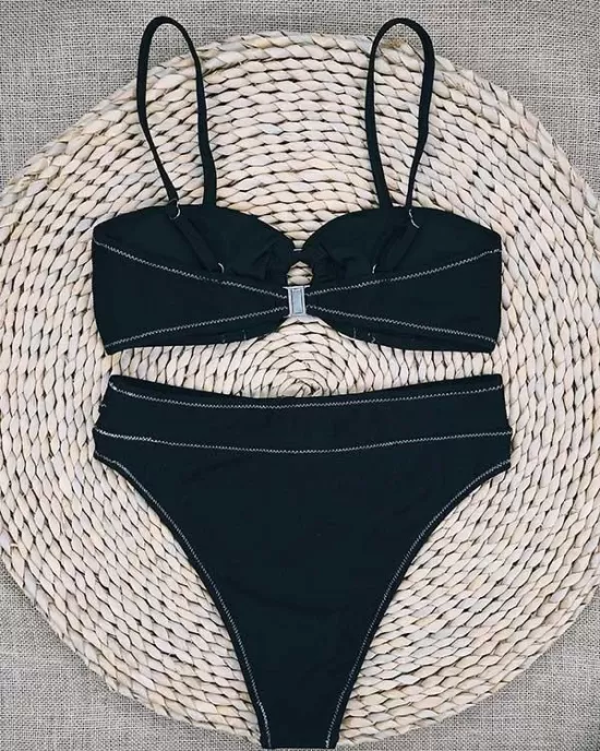 Embellished Solid Color Bandeau Split Bikini Swimsuit