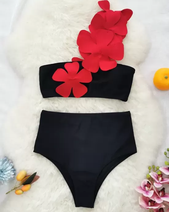 Applique Split-Joint Padded One-Shoulder Swimsuits Bikini Swimsuit