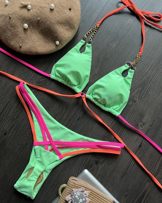 Halterneck Plain Two Pieces Bikini Set