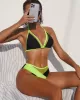 Padded Mesh Contrast Color Halter-Neck Bikini Swimsuit