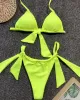 Padded Fluorescent Backless Bandage Solid Color Halter-Neck Bikini Swimsuit