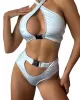 Belly-Hollow Buckle Solid Color Padded Halter-Neck Bikini Swimsuit