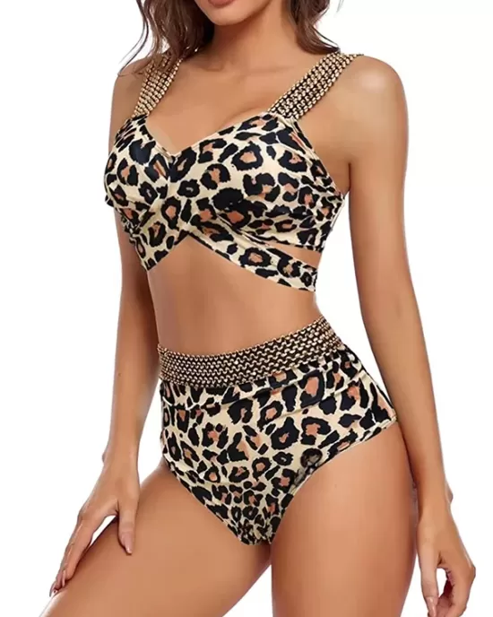 High-Waisted Hollow Leopard Sequined Split-Joint Padded Spaghetti-Neck Bikini Swimsuit