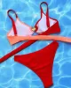 Bandage Color-Block Hollow Padded Spaghetti-Neck Bikini Swimsuit