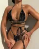 Backless Bandage Hollow Sequined Solid Color Padded Halter-Neck Bikini Swimsuit