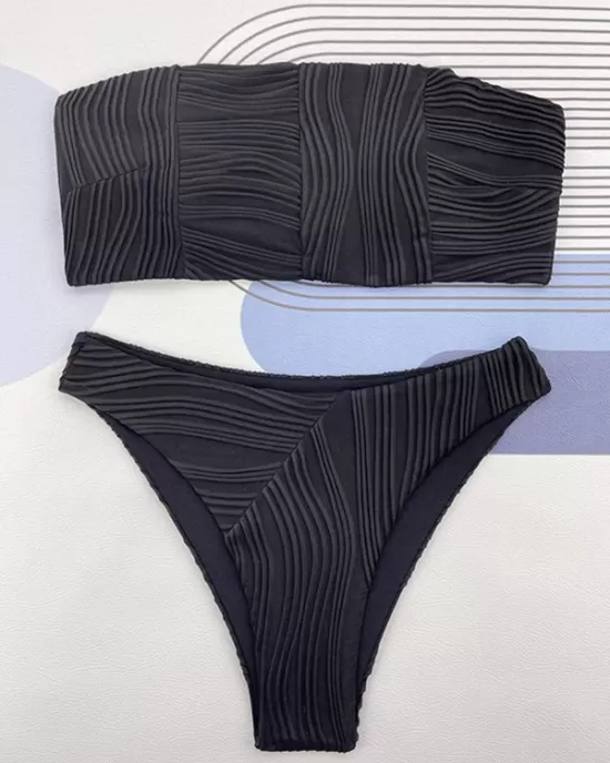 Bandage Solid Color Striped Padded Tube Bikini Swimsuit