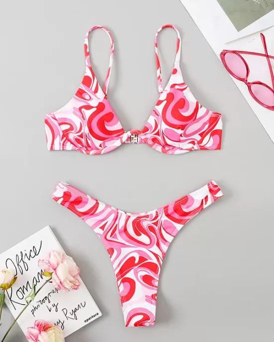 Backless Hollow Printed Solid Color Padded Spaghetti-Neck Bikini Swimsuit