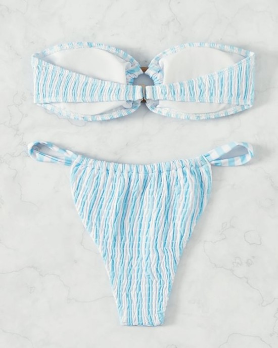 Color-Block Hollow Striped Padded Tube Bikini Swimsuit