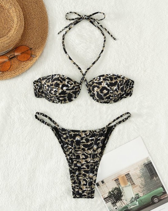 Padded Backless Hollow Leopard Halter-Neck Bikini Swimsuit