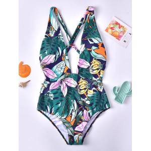 Floral-Print Backless One-Piece Swimwear