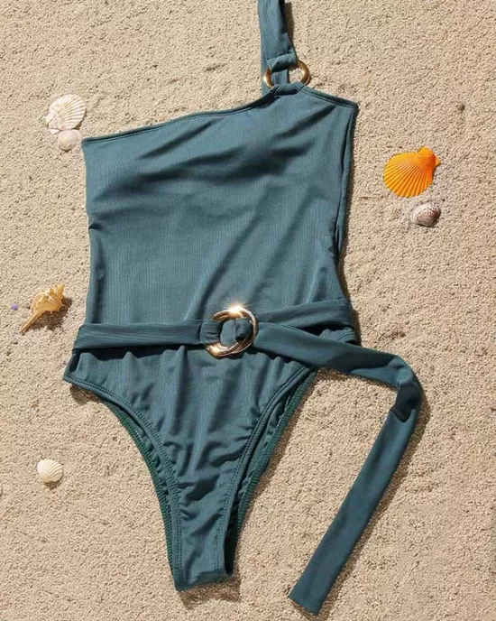 Solid Color One-Shoulder Belted One-Piece Swimwear