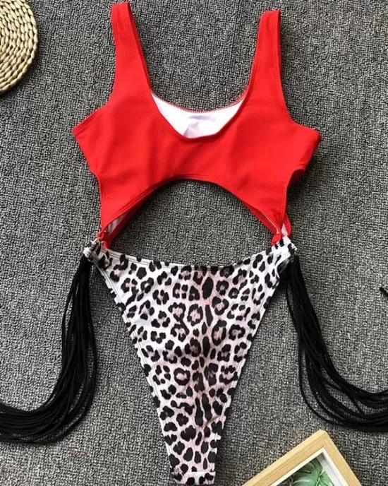 Hollow Tasseled Color-Block One-Piece Swimwear