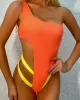 Contrast Color Split-Joint Asymmetric One-Shoulder One-Piece Swimwear