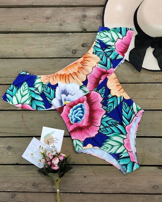 Off-The-Shoulder Floral One-Piece Swimwear