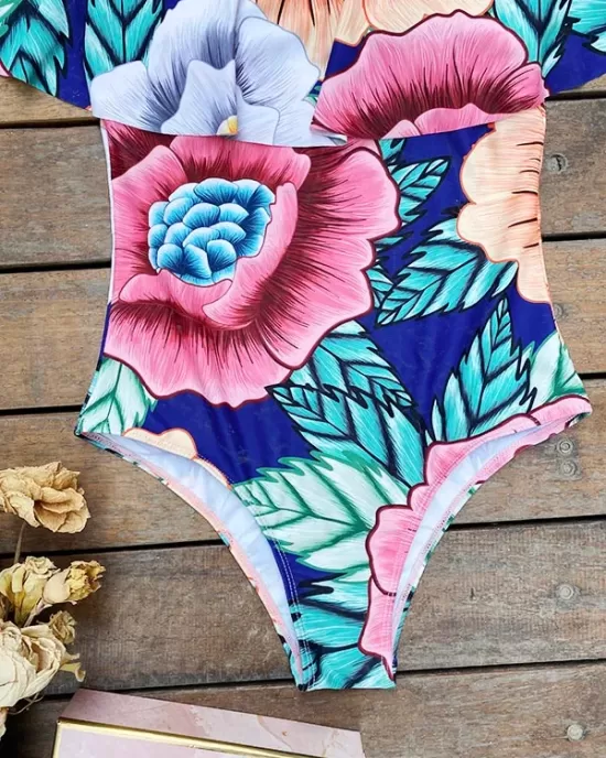 Off-The-Shoulder Floral One-Piece Swimwear