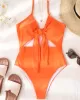 Padded Bandage Belly-Hollow Solid Color Deep V-Neck One-Piece Swimwear