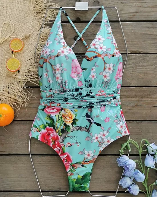 Floral Printed Deep-V-Neck Bandage One-Piece Swimwear