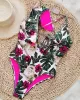 Floral Lion Print Falbala One Shoulder One-Piece Swimsuit