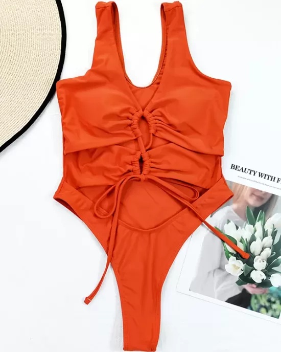 Brown Drawstring Tied One-Piece Swimsuit