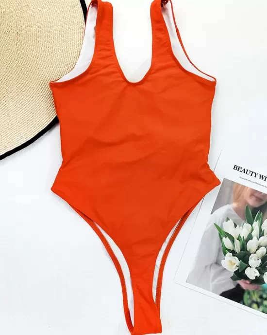 Brown Drawstring Tied One-Piece Swimsuit