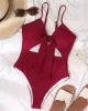 Bandage Belly-Hollow Solid Color Padded Deep V-Neck One-Piece Swimwear