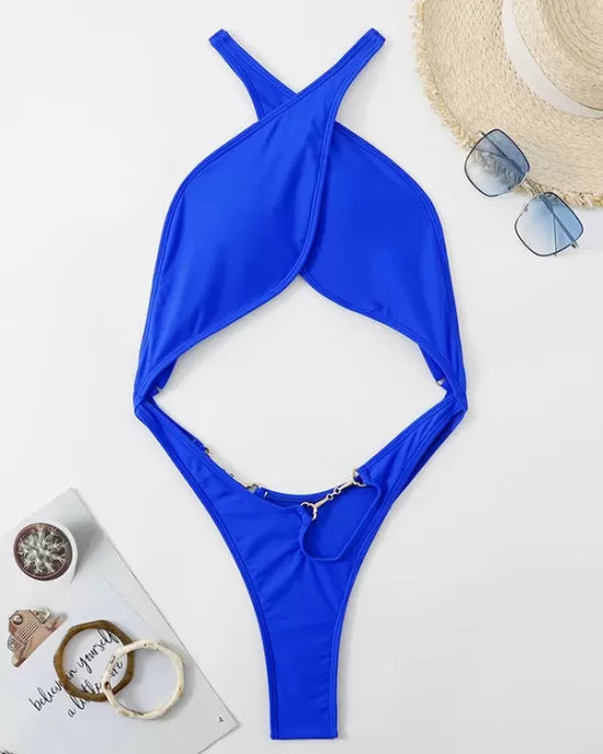 Padded Back Cross Belly-Hollow Solid Color One-Piece Swimwear