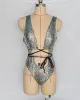 Padded Backless Bandage Hollow Snakeskin One-Piece Swimwear