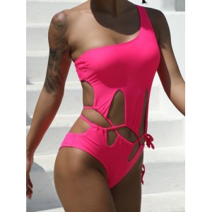 One-Shoulder Split-Joint Hollow Solid Color One-Piece Swimwear