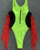 Color-Block V-Neck Zipper Split-Joint Tasseled One-Piece Swimwear