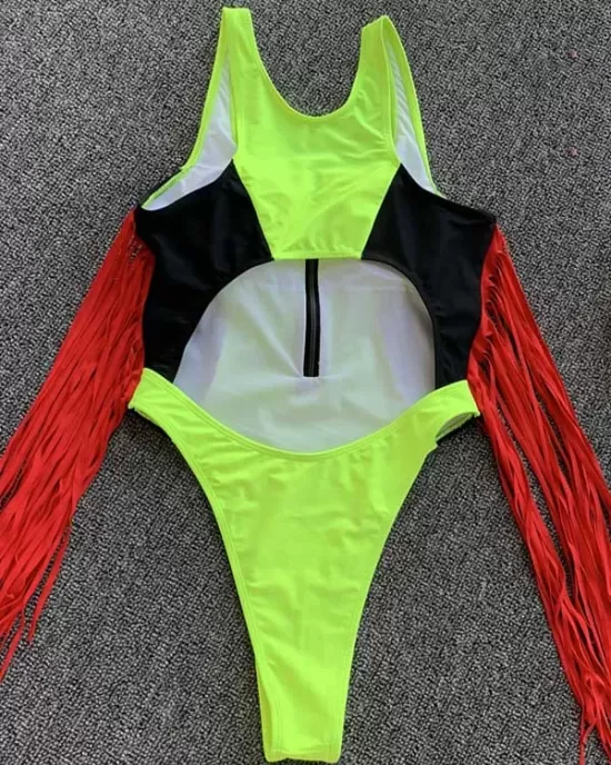 Color-Block V-Neck Zipper Split-Joint Tasseled One-Piece Swimwear