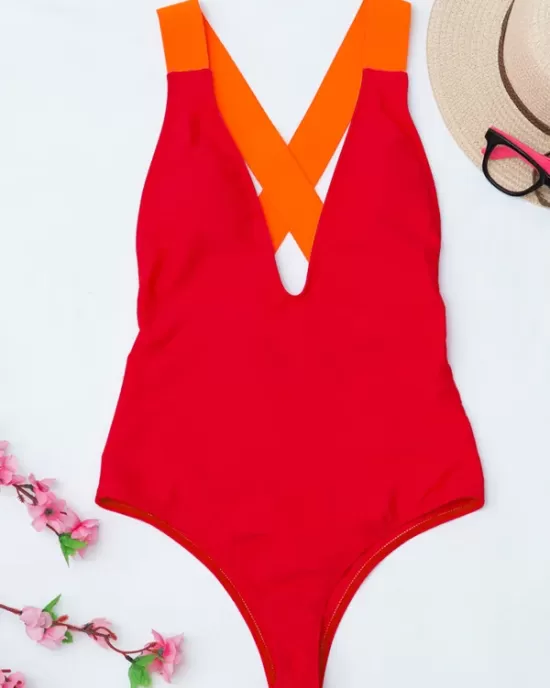 Deep V-Neck Solid Color Sexy Slim Backless One-Piece Swimwear