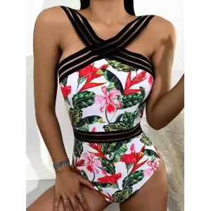 Strapless Floral Padded Backless Split-Joint One-Piece Swimwear