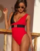 Deep V-Neck Color-Block Metal Button Sexy Slim One-Piece Swimwear