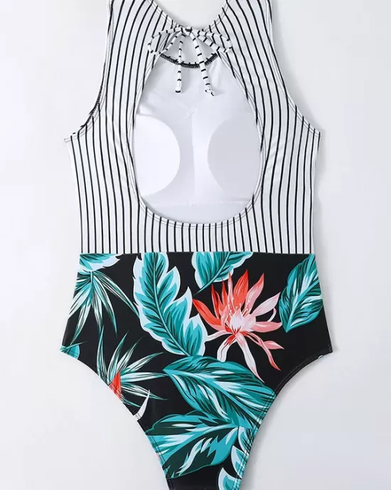 Striped+Floral Printed Split-Joint One-Piece Swimwear