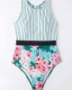 Striped+Floral Printed Split-Joint One-Piece Swimwear