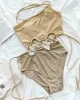 Beige One-Shoulder Drawstring Hollow One-Piece Swimsuit