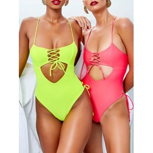 Fluorescent Color Spaghetti-Neck Hollow Bandage One-Piece Swimwear