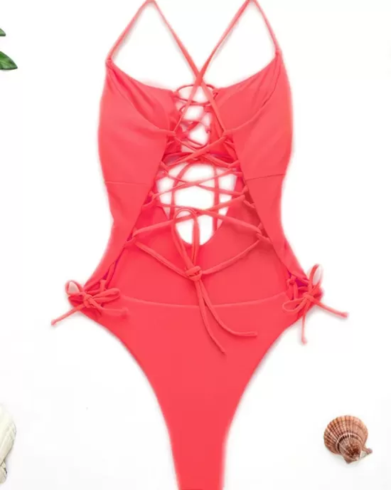 Fluorescent Color Spaghetti-Neck Hollow Bandage One-Piece Swimwear