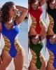 Belly-Hollow U-Neck Solid Color Split-Joint One-Piece Monokini Swimwear