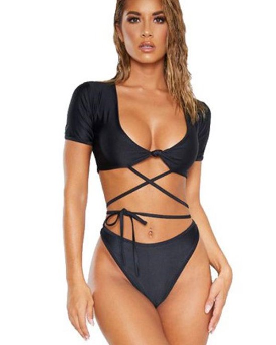 Short Sleeves Bandage Split Bikini Swimsuit