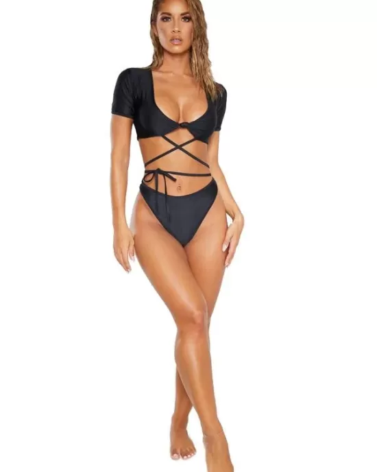 Short Sleeves Bandage Split Bikini Swimsuit