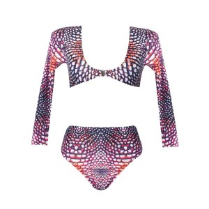 Abstract Printed Long Sleeve Tankini Split Bikini Swimsuit