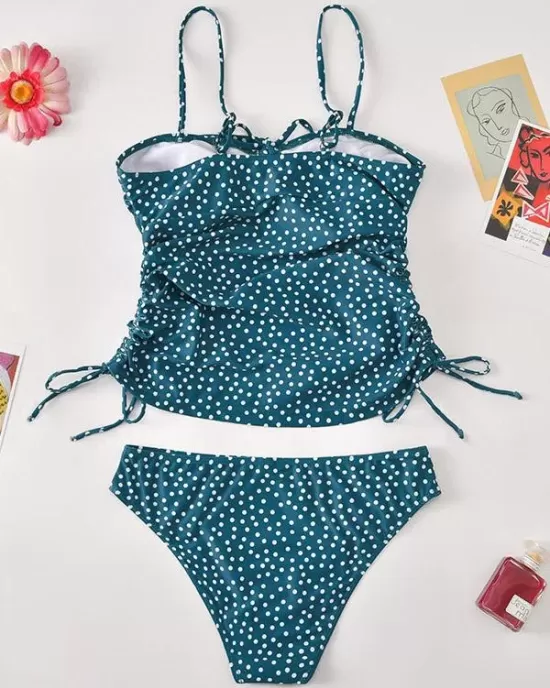 Polka-Dot Bandage Gathered Split Tankinis Swimsuit