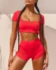 Solid Color Short Sleeve Sporty Split Tankini Swimsuit