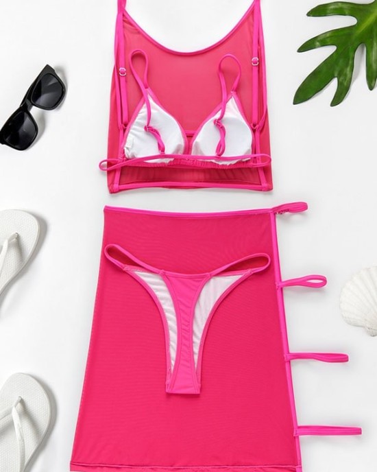 Solid Color Split Bikini Swimsuit+See-Through Split Cover-Ups Four Piece Set